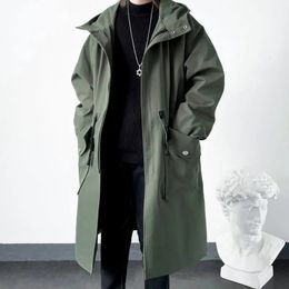 Spring Autumn Army Green Windbreaker Fashion Men's Mid-length Casual Hooded Coat Men Daily High Street Overcoat Male Clothes 240125