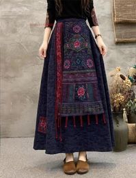 Ethnic Clothing 2024 Traditional Chinese Vintage Skirt Women National Flower Embroidered Cotton Linen Oriental Jacquard Folk A-line