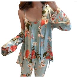 Women's Sleepwear 3 Pieces Pajamas Set For Women Floral Print Silk Satin Tops & Pants Female Loungewear Cardigan Bathrobe Shirts Pyjamas