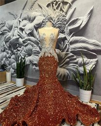 Sparkly O Neck Plus Size Long Prom For Black Girls 2024 Brown Sequins Birthday Party Dresses Beaded Appliques Evening Gowns Robe De Bal