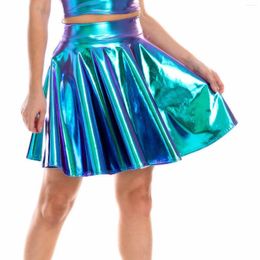 Skirts Spring Sexy Laser High Waist Mini Pu Leather Skirt Club Party Dance Shiny Holographic Harajuku Metallic Pleated