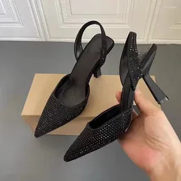 Dress Shoes 2024 Woman Black Luxury Rhinestones High Heels Sexy Slingbacks Elegant Pointed Toe Heeled Pumps Large Size