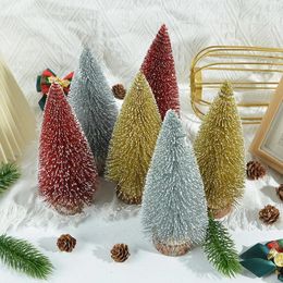 Decorative Flowers 1/2Pcs Artificial Mini Cedar Christmas Trees Sisal With Wood Base For Tabletop Decor Home Holiday Decoration