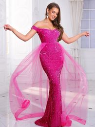 Romagic Off Shoulder Pink Evening Party Dress with Train Fashion Women Backless Spark Sequin Velvet Wedding Prom Gown For Autumn 240125