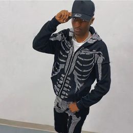 Full Zip Up Hoodie Rhinestone Skeleton Goth Sweatshirt Sport Couple Outfit Black Long Sleeve Oversized Grunge Y2k Hip Hop Jacket 240118