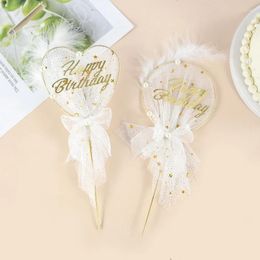 Party Supplies 1Pc Gold Happy Birthday Cake Topper Dress Feather Gauze Wedding Dessert Table Decor Decoration