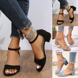 Sandals Women Summer Flock Buckle Strap Casual Open Toe Square Heels Comfortable Beach Shoes Flip Flops Rhinestones