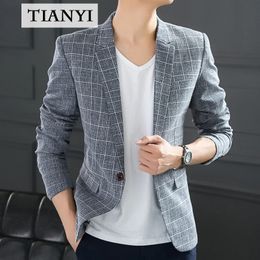 Highquality Mens Casual Suit Jacket Plaid Western Slim Fit Korean Fashion Onepiece Singlebreasted Thin Handsome 240124
