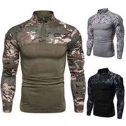 European And American Mens Military Field Outdoor Fitness Camouflage Long Sleeve Zipper TShirt Elastic Top 240201