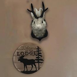 Xams Wall Mounted Rabbit Fake Head Jackalope Wall Decor Resin Hanging Ornament Wooden Antler Rabbit Head for Home Living Room 240202