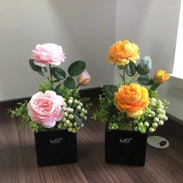 Decorative Flowers Simulated Flower Decoration Living Room Rose Artificial Fake Plant Dry Bouquet Ceramic Pot Potting