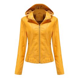 Autumn and Winter Hooded Leather Jacket Women's Removable Hat Zipper Long-sleeved Velvet Warm PU Leather Slim Coat S-3XL 240129