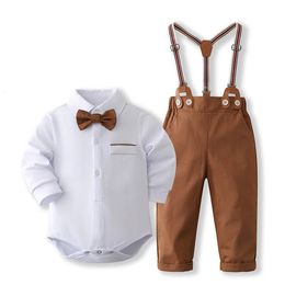 Formal Gentleman Clothng Set for Baby Infant Solid Romper Suit Boy First Birthday Costume 024 Month Toddler Cotton Kids Outfit 240127