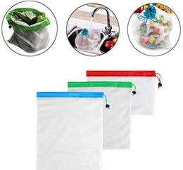 12Pcs/lot Reusable Vegetable Fruit Mesh Produce Bags Colourful Tape Washable Eco-Friendly Bags for Storage Toys Sundries 240125