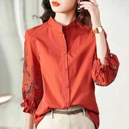 Women's Blouses Hollow Out Embroidered Female Commuting Wind Stand-up Collar Shirt Women Summer Design Sense Niche Lantern Sleeve Red