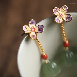 Dangle Earrings In Fresh Floral Natural Hetian Jasper Lotus For Women Ancient Gold Craft Vintage Light Luxury Wedding Jewellery