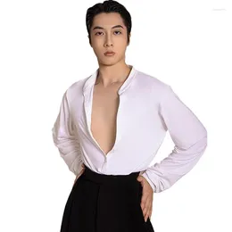 Stage Wear Costume Men Latin Dancewear Modern Dancing Tops Practise Clothes Standing Collar Shirt V Neck Dance For