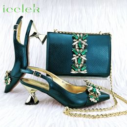 High Quality Pointed Toe Spike Heels Dark Green Shoes Matching Bag Set For Women Wedding Party Pump 240130