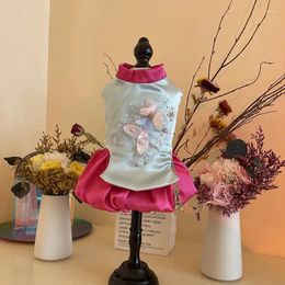 Dog Apparel Handmade Clothes Pet Supplies Satin Korean Style One Piece Ethnic Costumes 3D Petals Sew Diamond Pearl Lantern Skirt Holiday