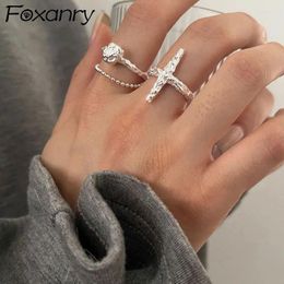 Cluster Rings FOXANRY Silver Colour Cross Accessories Trendy Elegant Simple Double Layer Chain Rose Flower Party Jewellery For Women