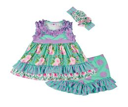 Vintage Girls Dress Clothes Kids Lovely Ruffle Striped Print Top With Ruffle Shorts and Headband Children Clothing Set8417529