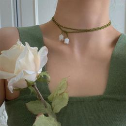 Pendant Necklaces Jewellery Accessories Bell Orchid Necklace Double Layer Korean Style Crystal Beads Clavicle Chain Flower Olive Green