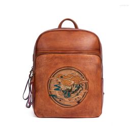 School Bags A4 Vintage Black Red Brown Green Vegetable Tanned Full Grain Genuine Leather 14'' Laptop Women Backpack Female Travel Bag