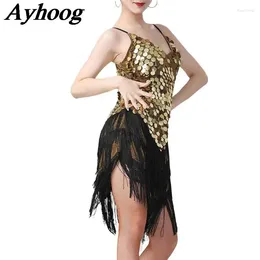 Stage Wear Women Adult Sparkly Fringe Latin Dance Dress Ballroom Rumba Cha Tango Competition Costume Shiny Straps Tassel Dancing Skirt