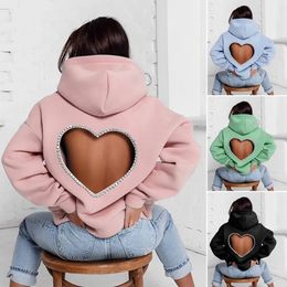 Women Hoodie Heart Shape Backless Hollow Out Winter Hoodie Solid Colour Rhinestone Spring Hoodie Women's Clothing For Club 240119