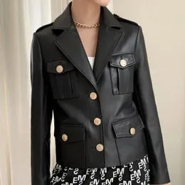 Women's Leather 2024Women Genuine Sheepskin Coat Slim Office Lady Suit Jacket Style Short Multi-pockets Single Breasted Cargo Jackets