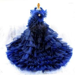 Dog Apparel High-end Handmade Luxury Clothes Pet Dress All Stars Blue Tulle Trailing Gown Multi Layers Skirt Noble Princess One Piece