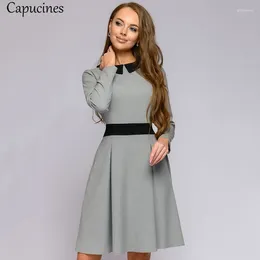 Casual Dresses Capucines Ladies Fashion Splicing Sashes Autumn Dress Women Peter Pan Collar Long Sleeve A-Line Mini Party Femme