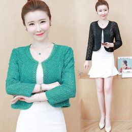 Women's Suits S-4XL Women Lace Jacket Thin Short Cardigan Pearl Three Quarter Sleeve Slim Loose Spring Summer Autumn Casual Plus Size Black