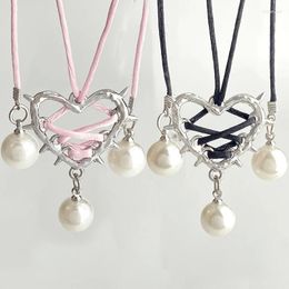 Pendant Necklaces Fashion Thorn Heart Necklace Y2K Sweet Cool Pearl Lace Up Ribbon Rope Choker Clavicle Chain Neck Party Jewelry