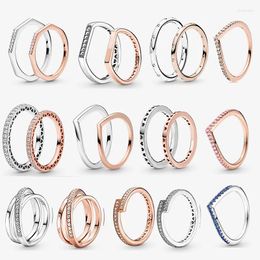 Cluster Rings Cubic Zirconia 925 Sterling Silver Rose Gold Sparkling Overlapping Polished Wishbone Sparkle & Hearts Couple For Women Men