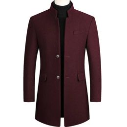 Mens Woollen Coat Autumn Winter Medium Long Windbreaker Thickened Stand Collar Male Trench Coat Abrigo Hombre 240201