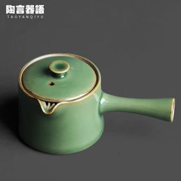 Bamboo green celadon side handle teapot Handmade antique ceramic kungfu tea ceremony wide mouth tea ware coffee pot 240122