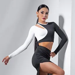 Stage Wear Latin Dance Costume Female Long Sleeves Tops Latina Practise Clothes Women Splicing Colour Sexy Samba Dancing DNV14515