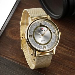 Brand SOXY Gold Wrist Watches Fashion Rhinestone Ladies Watch Simple Style Mesh Belt Womens watches zegarek damski 240127