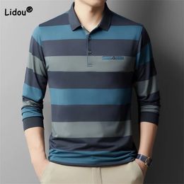 Fashion Male Clothes PoloNeck Striped Shirt 2023 Spring Autumn Button Spliced Casual Allmatch Long Sleeve Tshirt for Men 240123