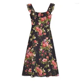 Casual Dresses YENKYE French Style Floral Print Chiffon Summer Dress Women Sexy Sleeveless Slit Hem A-line Holiday Midi Robe