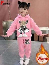 Winter Velvet Lined Girls Conjuntos Warm Kids Cartoon Print Hooded Sweatshirts Thick Plush Sweatpant Children Tracksuit Outfit 240118