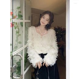 Women's Blouses French Tassel Shirt Women Fashion Lace Patchwork Collarbone Soft Glutinous Square Neck Celebrity Korean Solid Loose Spring