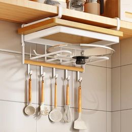 Kitchen Storage Hanging Rack Under Cupboard Paper Towel Rag Hanger Cutting Board Pot Cover Holder Lid Layered Shelf Hook