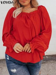 Plus Size 5XL VONDA Oversized Tops Women Fashion Solid Blouse Autumn Sexy Square Collar Long Puff Sleeve Loose Shirt Blusas 240130