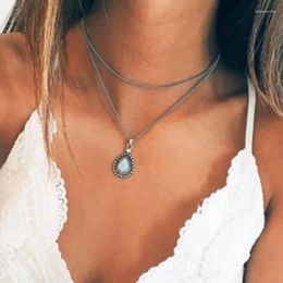 Pendant Necklaces Vintage Silver Colour Drop Stone Necklace Women Girl Crystal Water Multilayer Jewellery Gifts