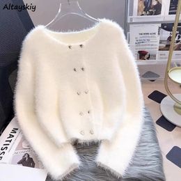 Cardigan Fluffy Cropped Sweaters Chic Double Breasted Retro European Style Ladies Fashion Street Aesthetic Autumn Winter 240202