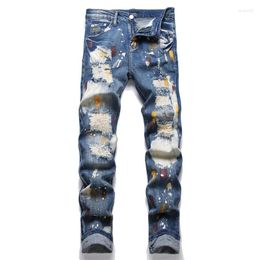 Men's Jeans Streetwear Destroyed Hole Denim Printing Trousers Male High Quality Comfortable Advanced Straight Ripped Motorcycle Design