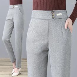 Women's Pants Autumn Winter Wool Thicken Office Lady Straight Button Elastic Waist Loose Women Fashion Casual Solid Pencil Trouser LJ210