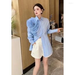 Women's Blouses Pleated Three-dimensional Big Flower Women Long Sleeve 2024 Chic Lapel Solid Colour Ladies' Shirt